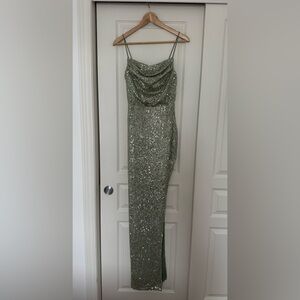 Windsor Sage Green Sequin Dress With Adjustable Straps and Thigh Slit